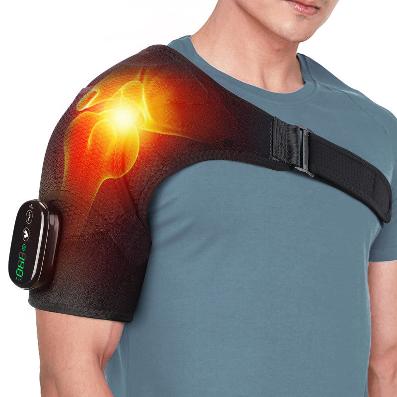 NNEDSZ Black Rechargeable Heated Shoulder Massager with LED Display - Adjustable Compression Wrap for Pain Relief and Relaxation