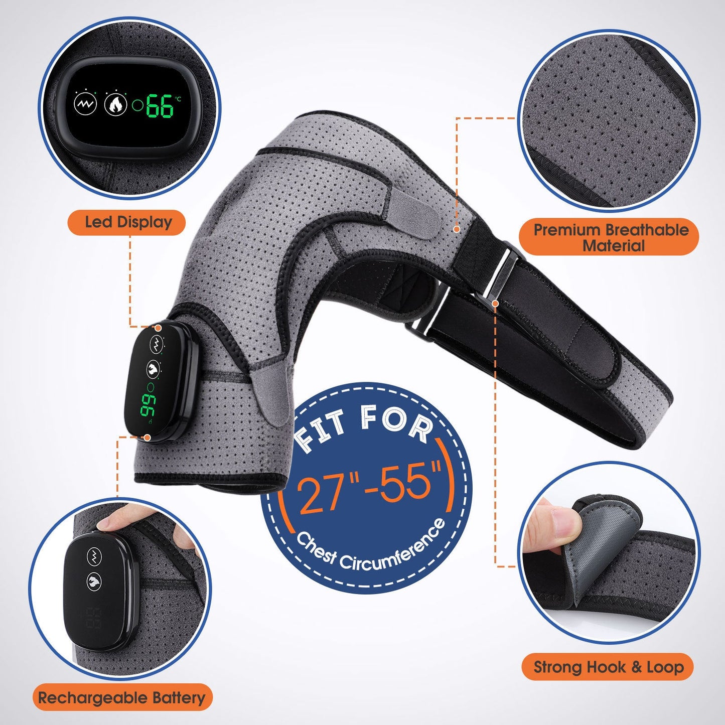 NNEDSZ Black Rechargeable Heated Shoulder Massager with LED Display - Adjustable Compression Wrap for Pain Relief and Relaxation